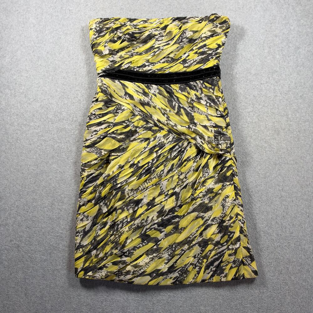 ML Monique Lhuillier Strapless Dress Women's SZ 10 Yellow Black Abstract Ruched